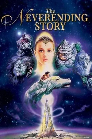 Pôster de The NeverEnding Story com Falkor, Atreyu e a Imperatriz