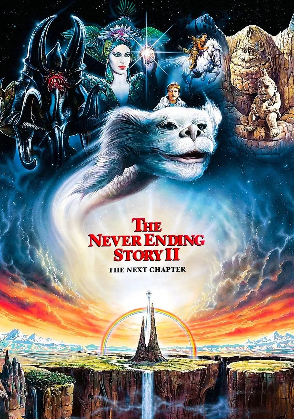 Pôster de The NeverEnding Story II com Falkor sobre um céu ao pôr do sol