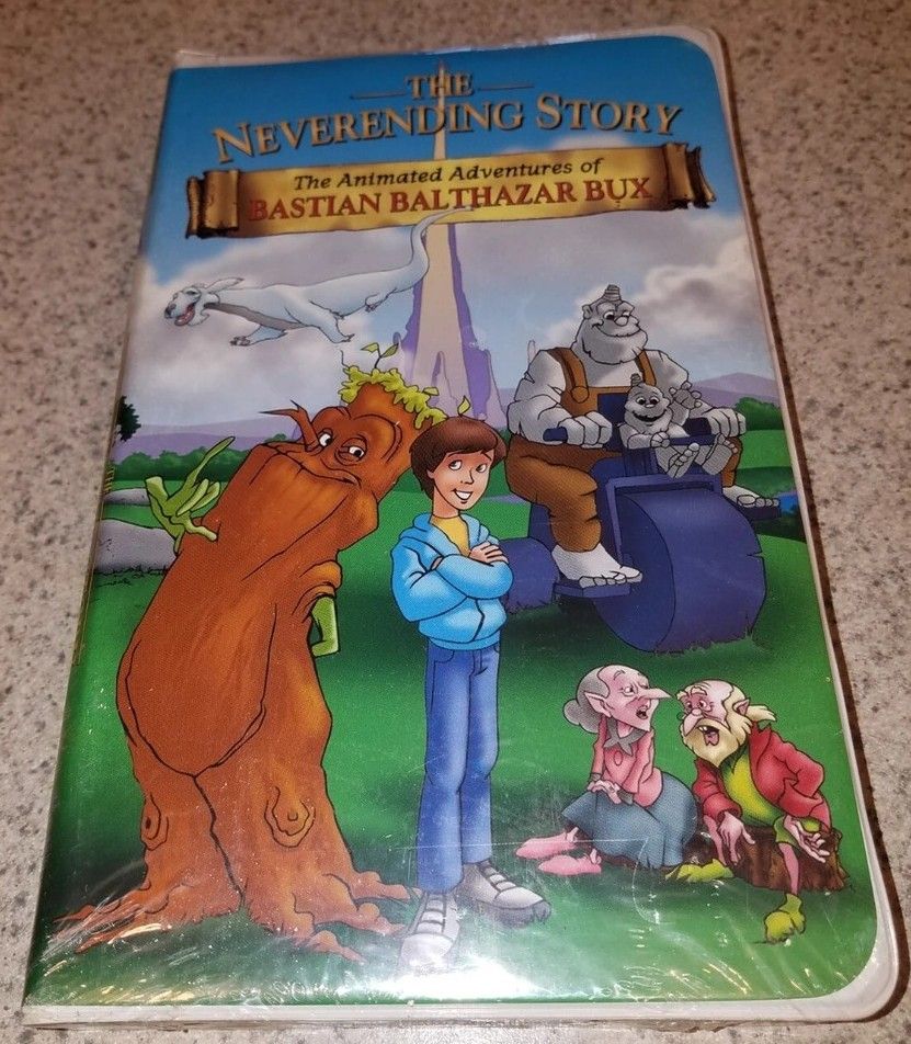 Fita VHS da série animada com Bastian, Falkor e o Come-Pedras desenhados